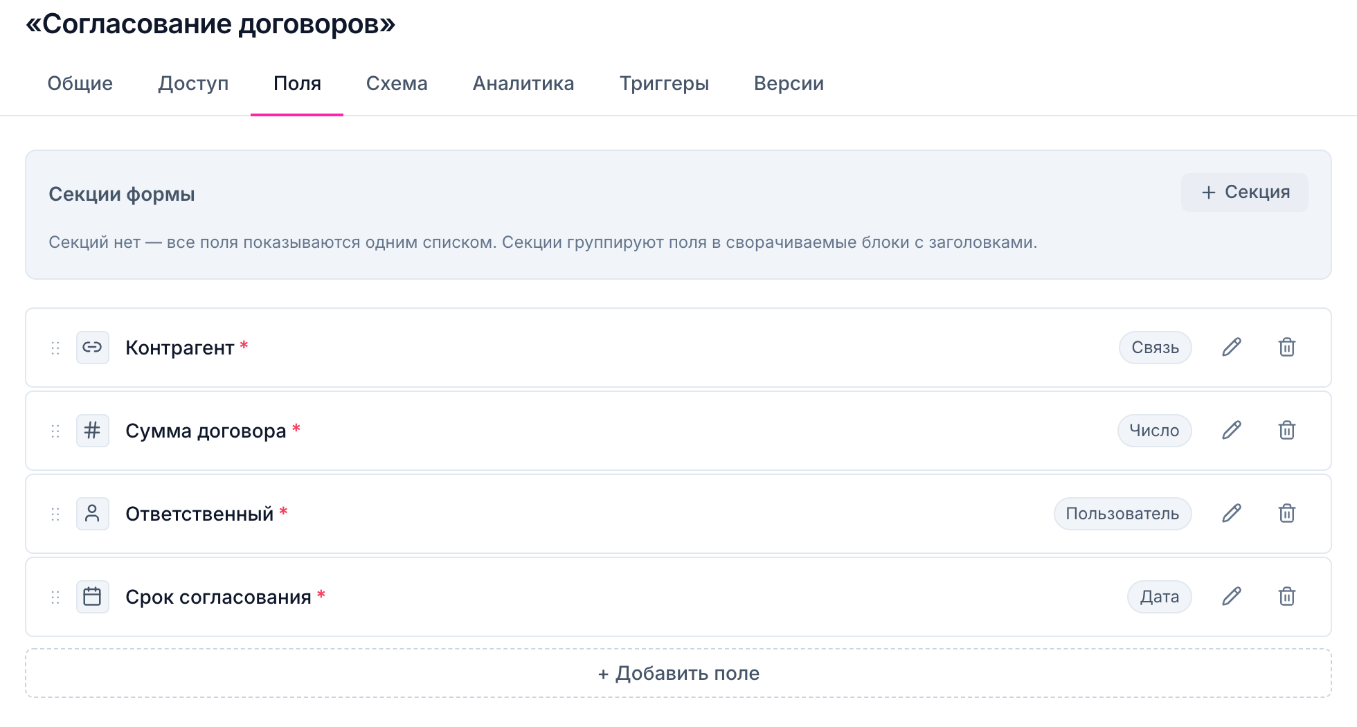 Настройки процесса «Согласование договоров», вкладка «Поля»: Контрагент (связь), Сумма договора (число), Ответственный (пользователь), Срок согласования (дата)